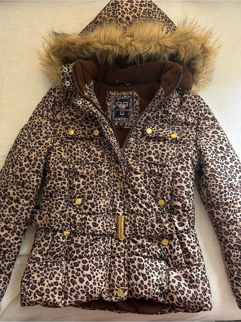 YMI Girls Leopard Print Puffer Jacket with Faux Fur Hood - Brown/Tan